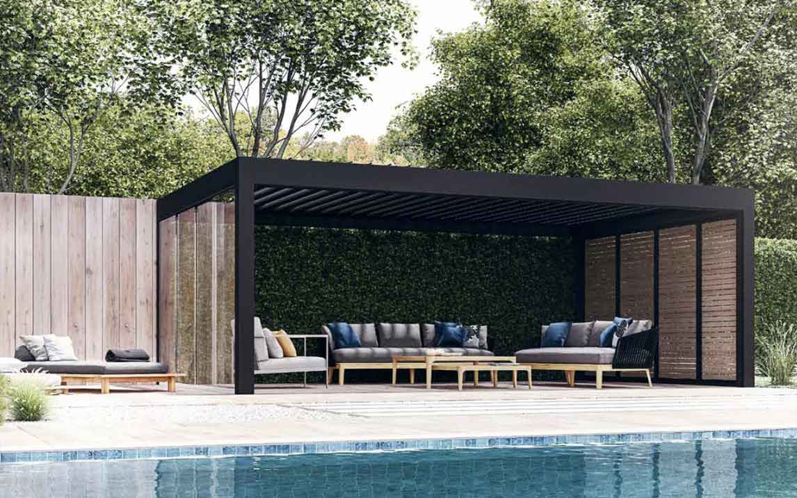 Outdoor pergola setting by a pool